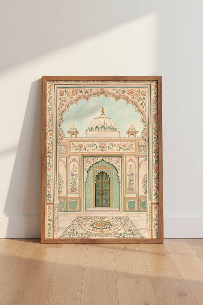 Udaipur City Palace India Art | Pastel Floral Archway Print, Boho Travel Poster