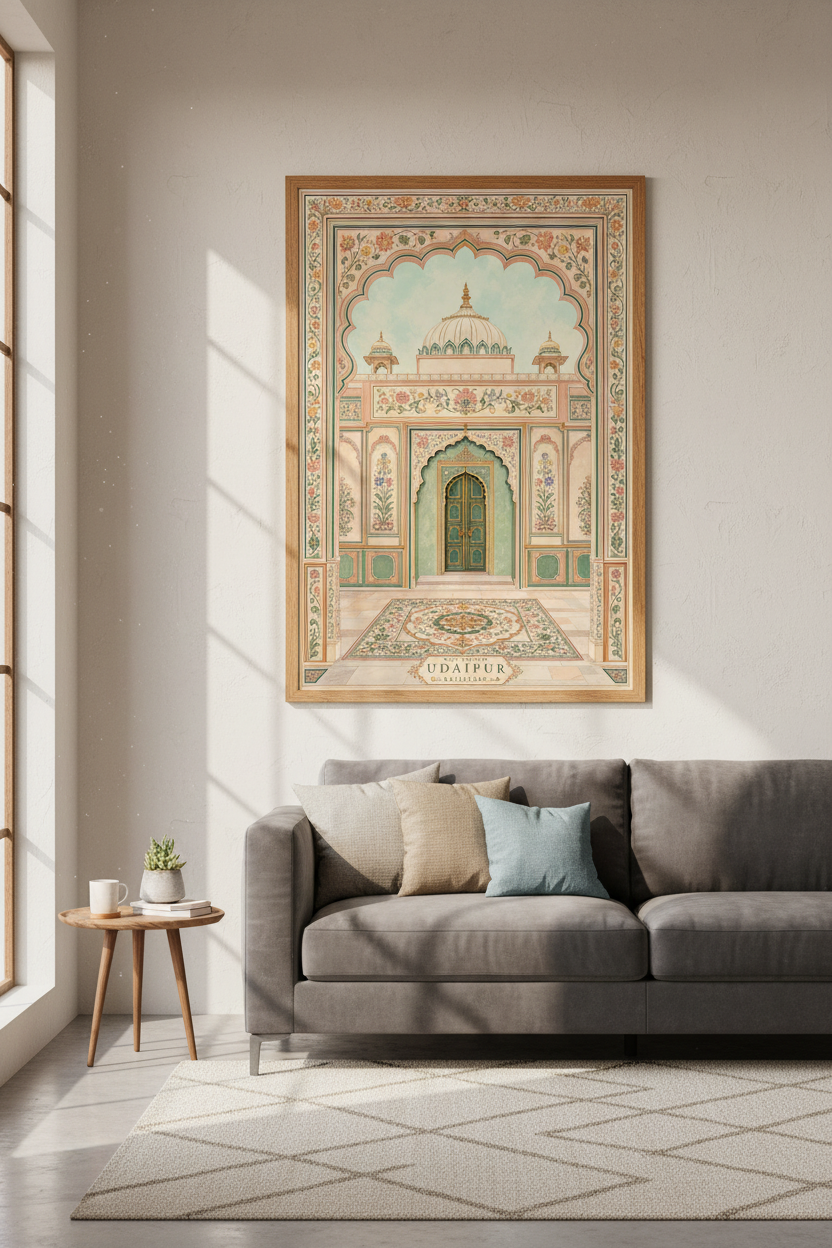 Udaipur City Palace India Art | Pastel Floral Archway Print, Boho Travel Poster