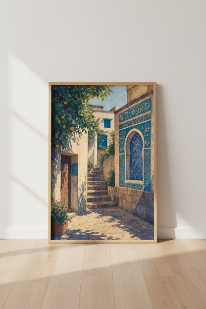 Mediterranean Alley Watercolor | Blue Tile &amp; Lemon Tree Print, Coastal Decor