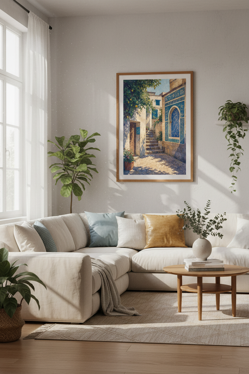 Mediterranean Alley Watercolor | Blue Tile &amp; Lemon Tree Print, Coastal Decor