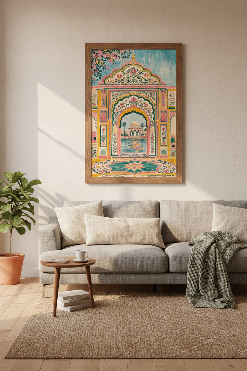 Indian Palace Arch Wall Art | Pink Teal Floral Poster, Boho Living Room Decor