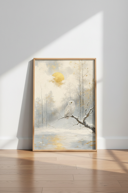 Snowy Owl Forest Wall Art | Gold &amp; White Winter Decor | Minimal Nature Poster