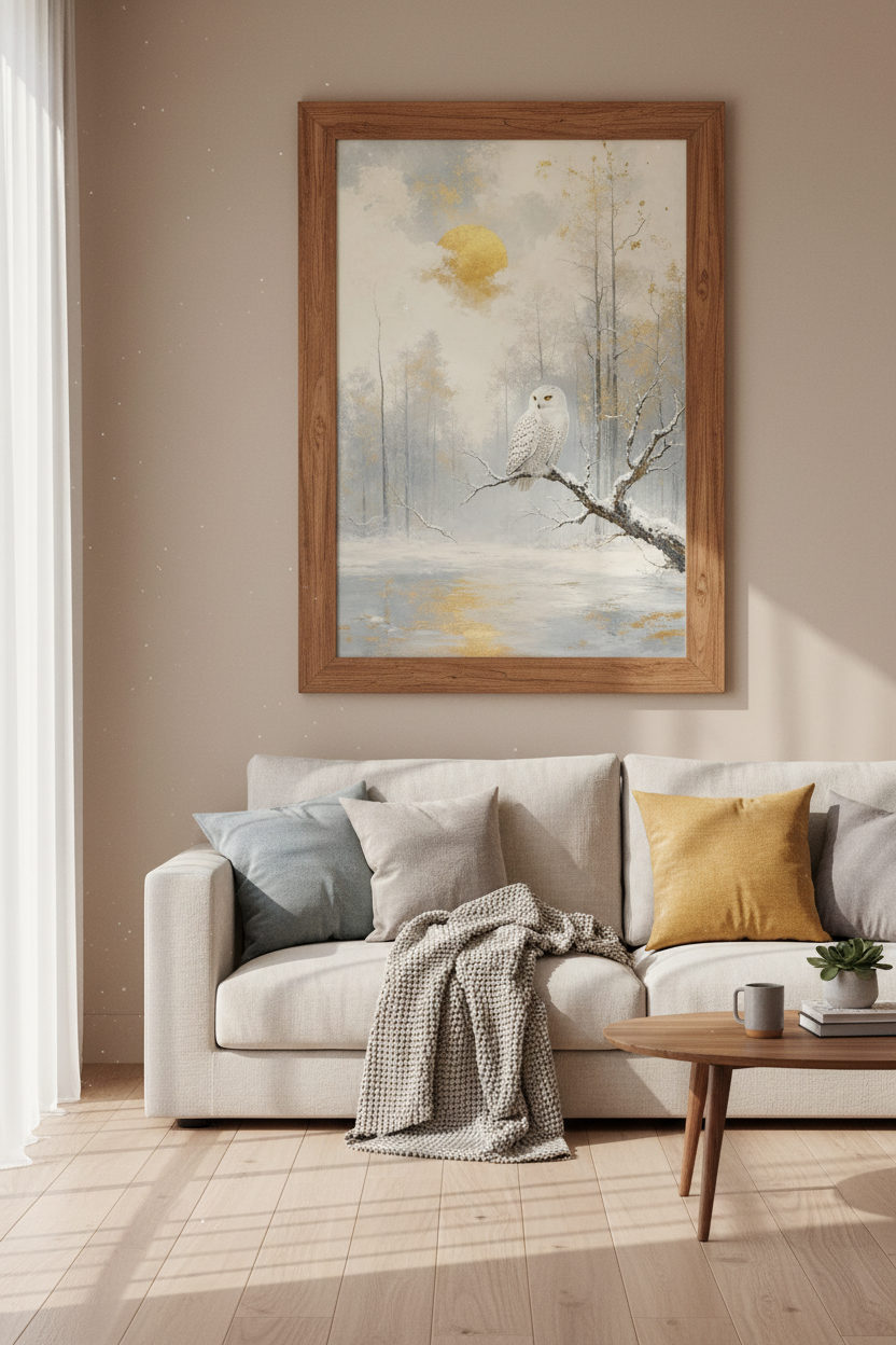 Snowy Owl Forest Wall Art | Gold &amp; White Winter Decor | Minimal Nature Poster