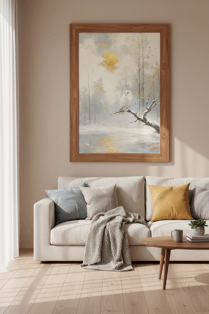 Snowy Owl Forest Wall Art | Gold &amp; White Winter Decor | Minimal Nature Poster