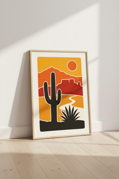 Desert Sunset Cactus Wall Art | Retro Orange Landscape, Boho Living Room Decor