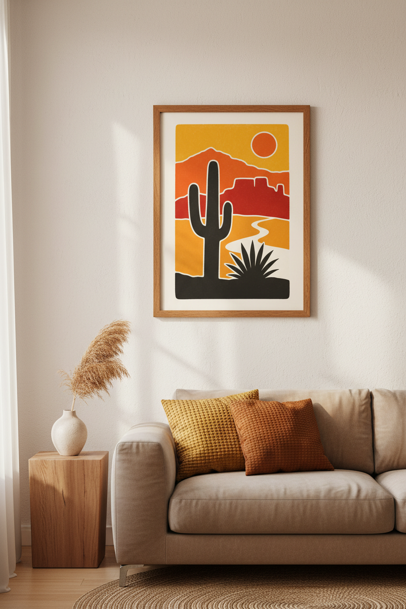 Desert Sunset Cactus Wall Art | Retro Orange Landscape, Boho Living Room Decor