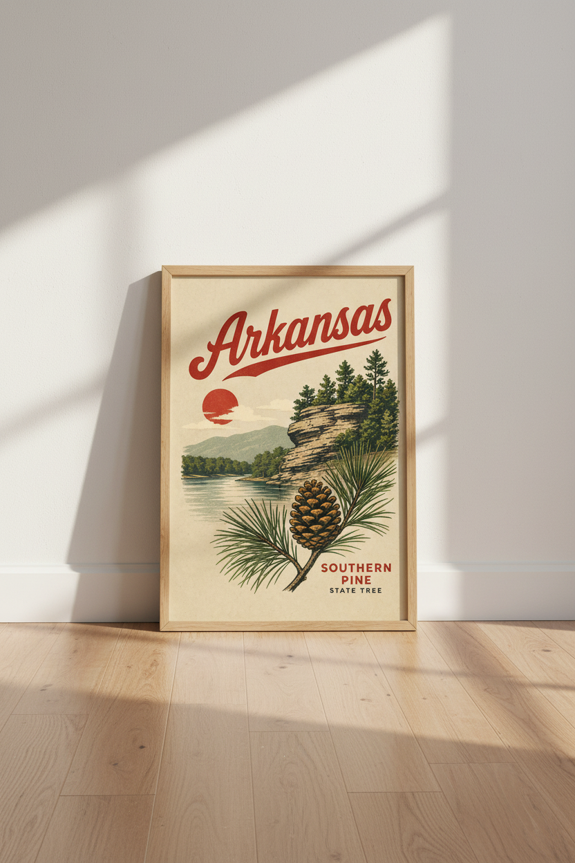 Arkansas State Travel Poster | Vintage Southern Pine Art, Rustic Cabin Decor