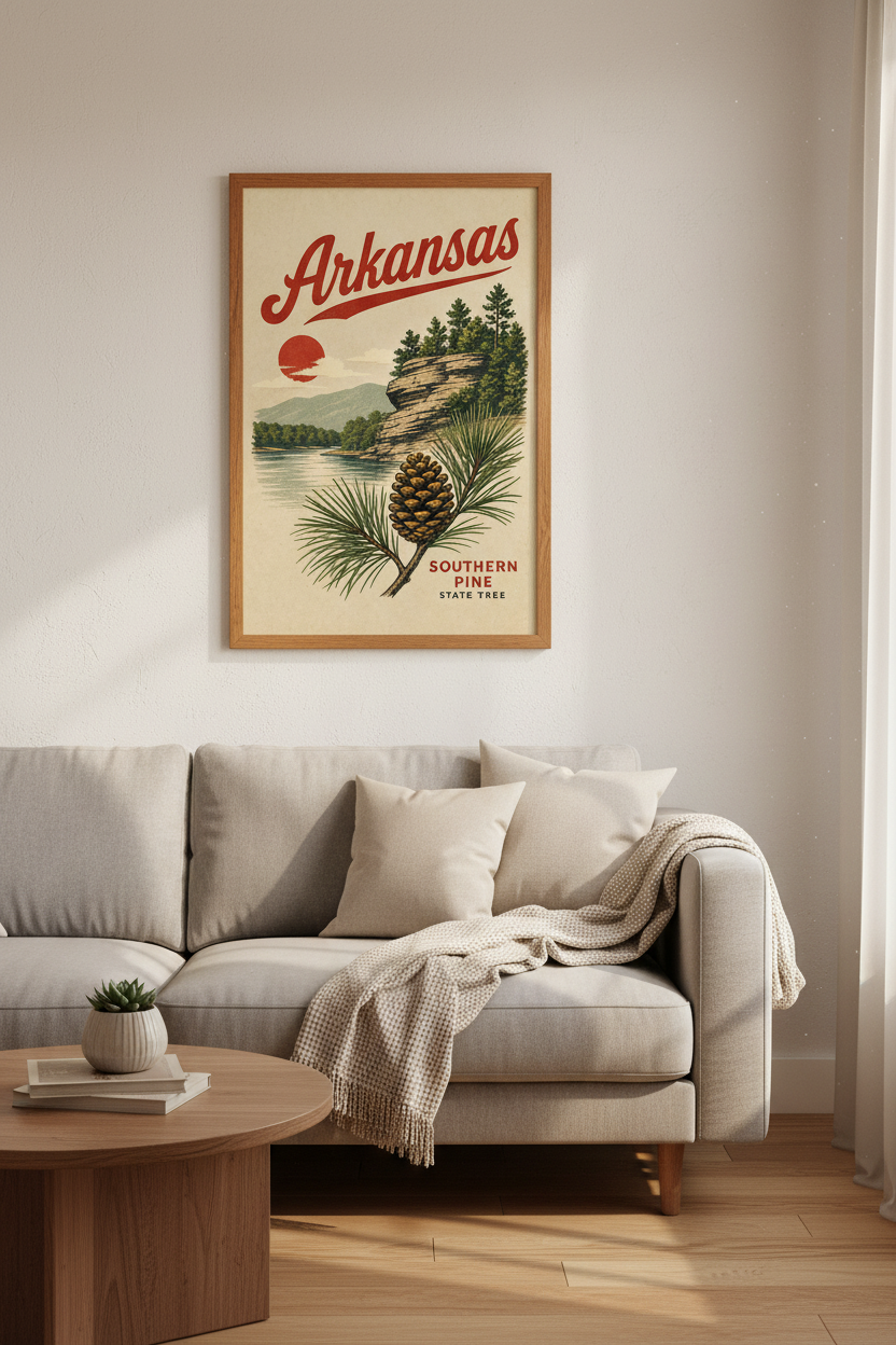 Arkansas State Travel Poster | Vintage Southern Pine Art, Rustic Cabin Decor
