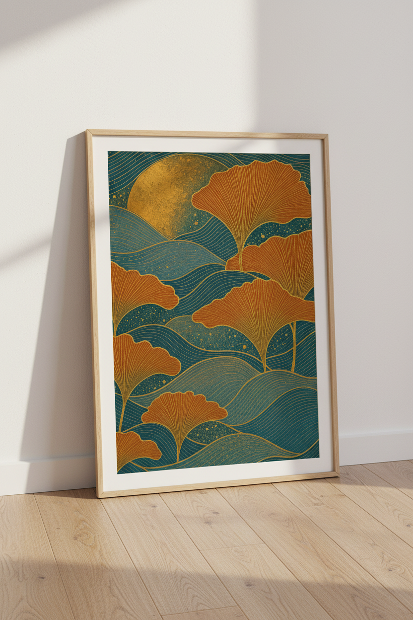 Ginkgo Leaf Art | Teal &amp; Gold Japanese Style, Living Room Wall Decor