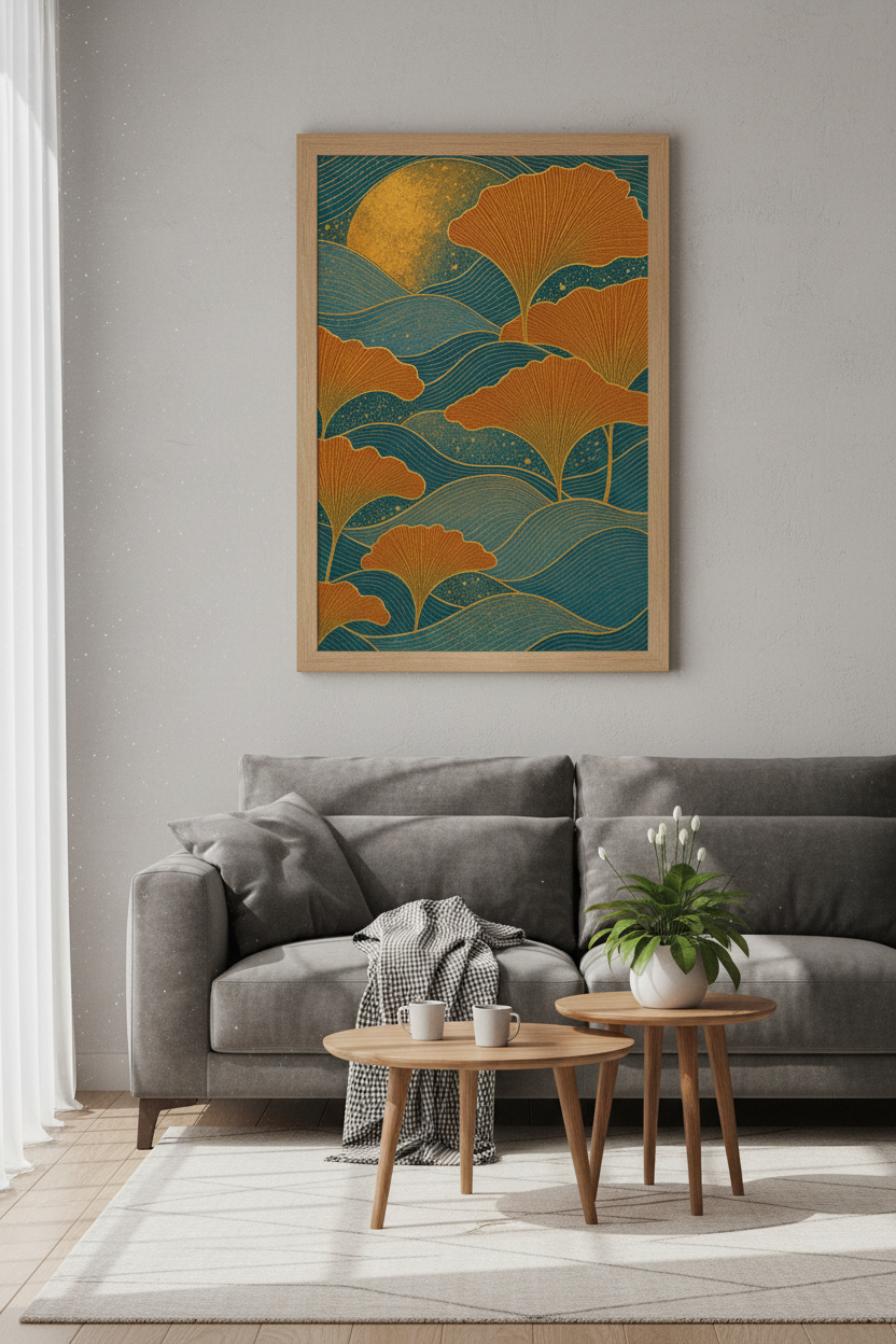 Ginkgo Leaf Art | Teal &amp; Gold Japanese Style, Living Room Wall Decor