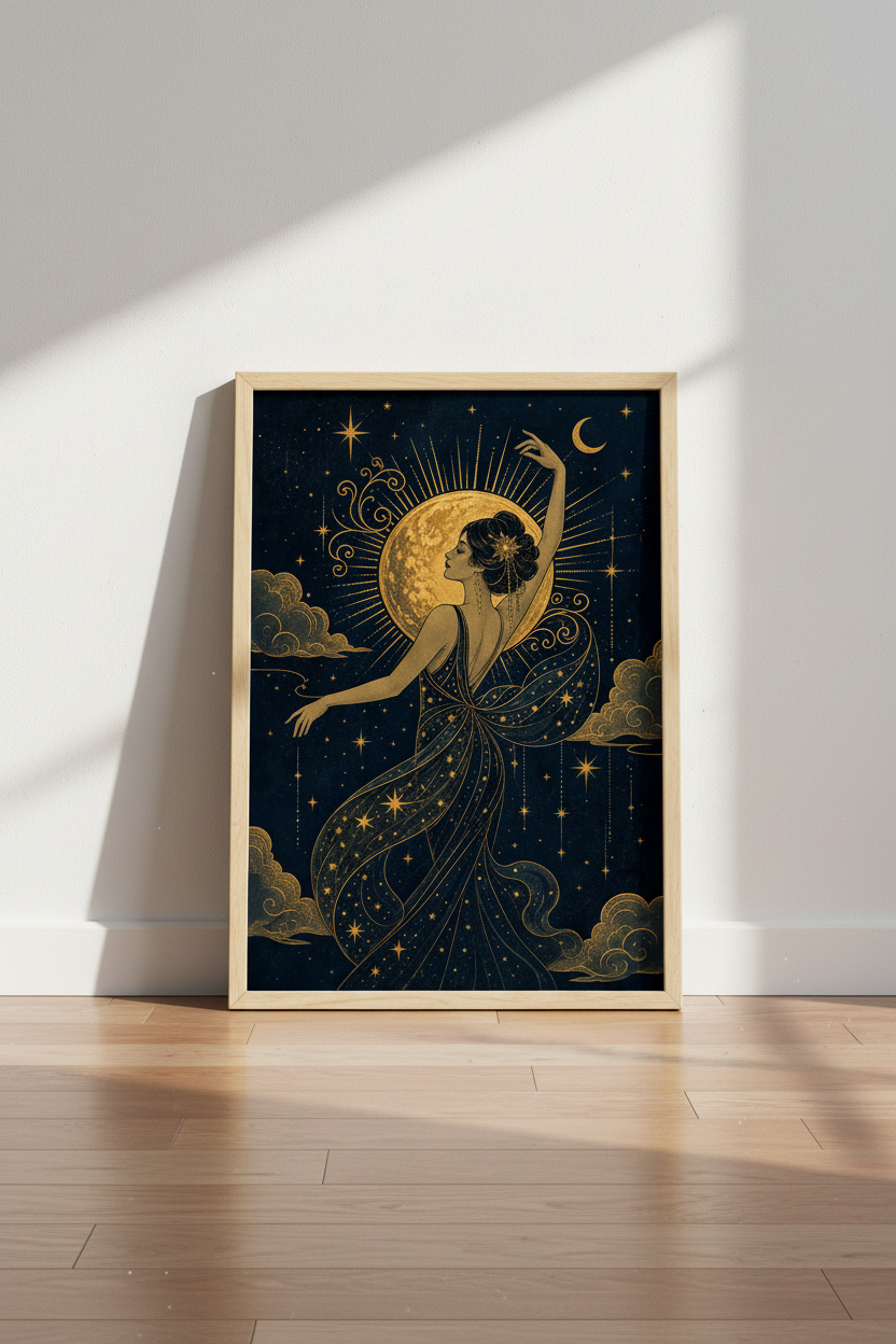 Celestial wall art | Gold moon maiden, navy night scene | Living room decor