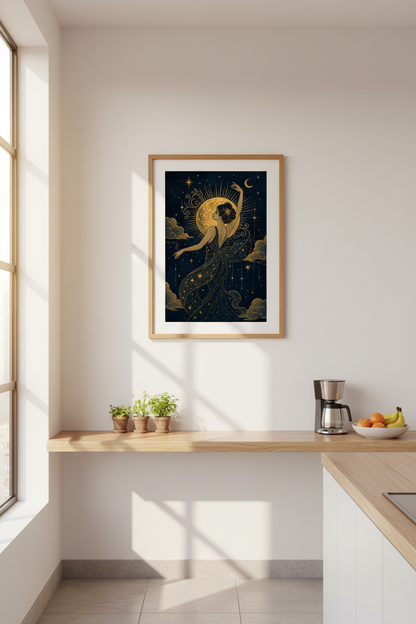 Celestial wall art | Gold moon maiden, navy night scene | Living room decor