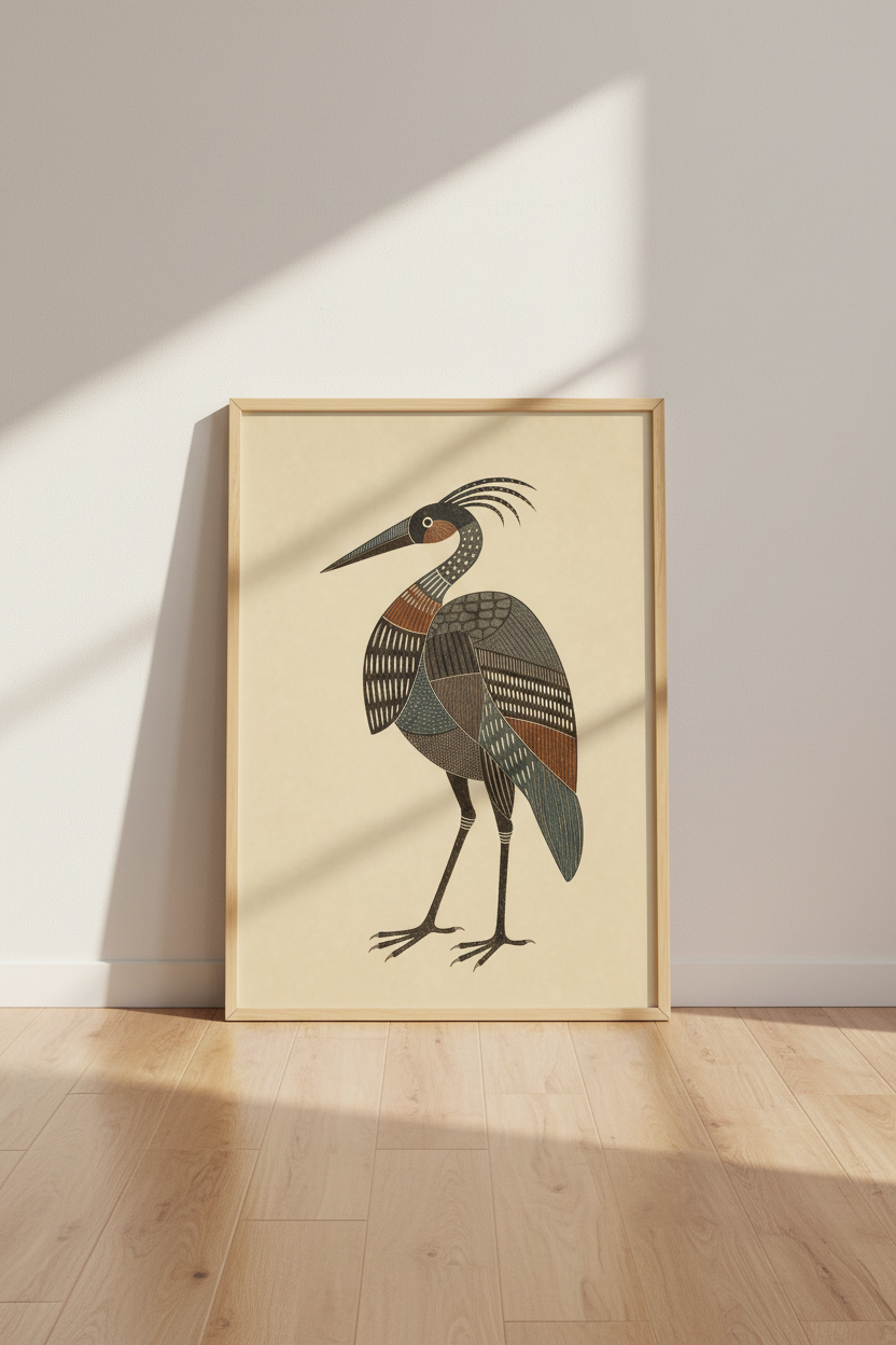 Boho Heron Wall Art Print | Ornate Folk Bird Poster, Earthy Living Room Decor