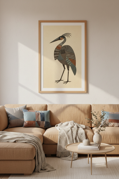 Boho Heron Wall Art Print | Ornate Folk Bird Poster, Earthy Living Room Decor