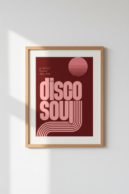 Disco Soul Retro Wall Art Print | Pink &amp; Burgundy 70s Poster | Music Room Decor