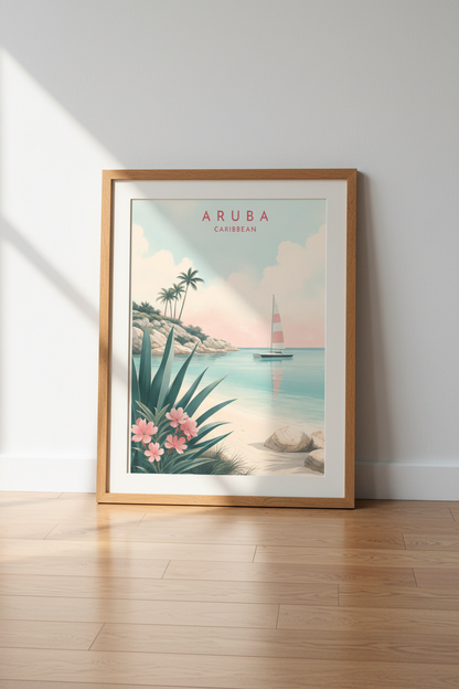 Aruba Travel Poster | Pastel Caribbean Wall Art, Coastal Beach House Decor