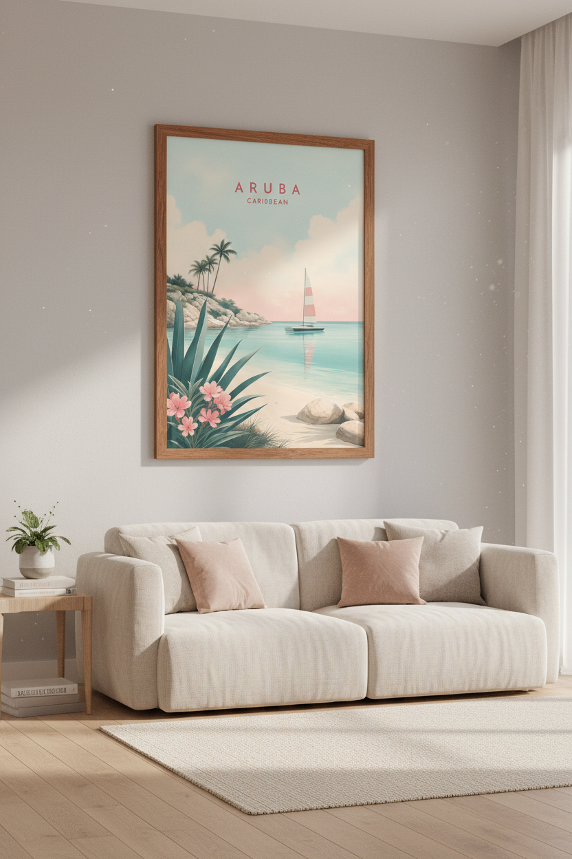 Aruba Travel Poster | Pastel Caribbean Wall Art, Coastal Beach House Decor