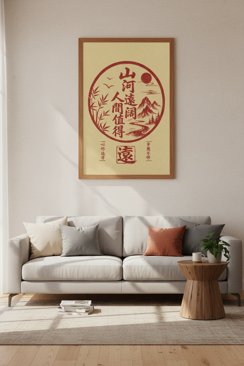 Japanese Landscape Art | Red Ink Calligraphy, Zen Home Decor Poster