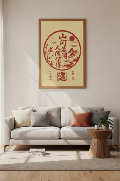 Japanese Landscape Art | Red Ink Calligraphy, Zen Home Decor Poster
