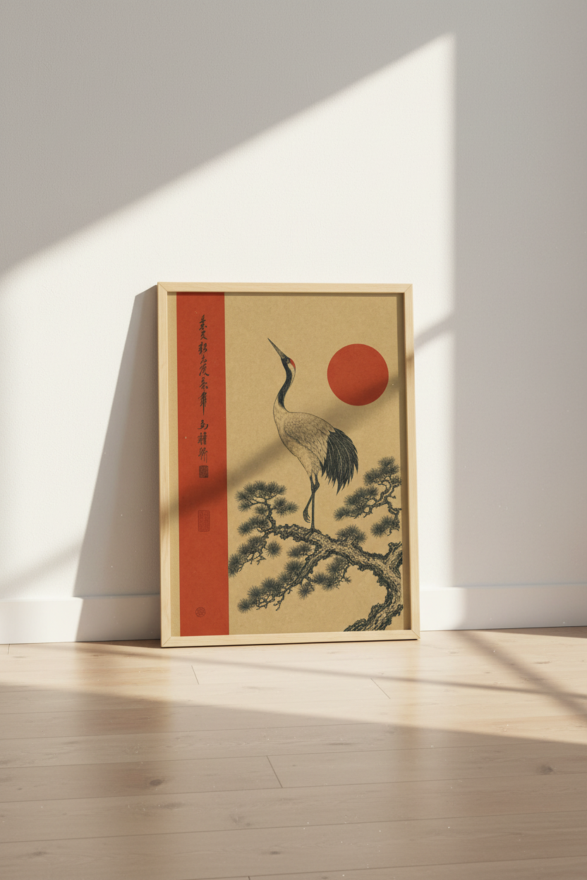 Japanese Crane Wall Art Print | Red Sun Asian Decor | Minimalist Poster