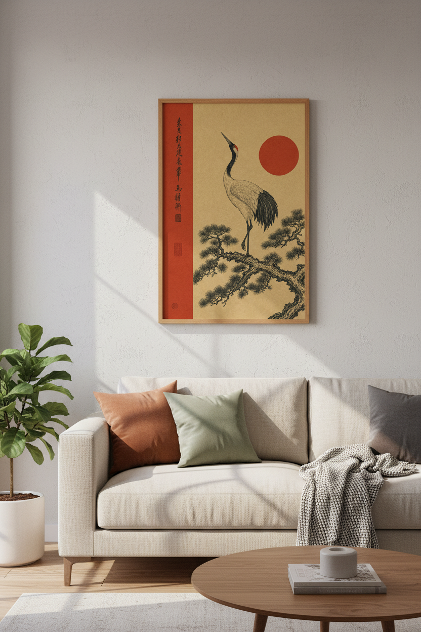 Japanese Crane Wall Art Print | Red Sun Asian Decor | Minimalist Poster