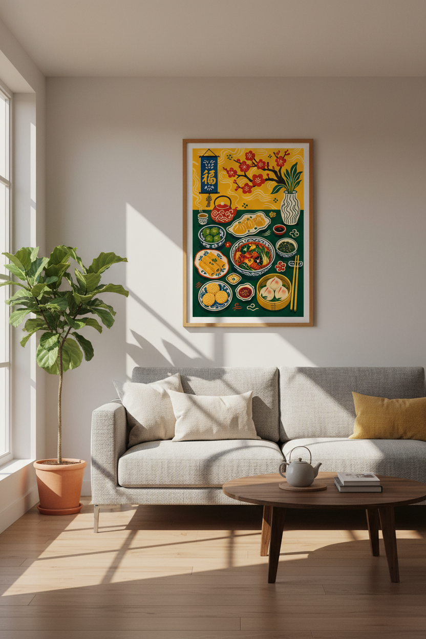 Asian Food Lantern Wall Art | Kitchen Oil Painting, Kitchen Decor Poster
