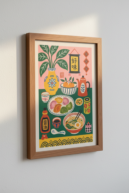 Chinese Food Still Life Wall Art | Pink Folk Art Ramen Poster, Kitchen Decor