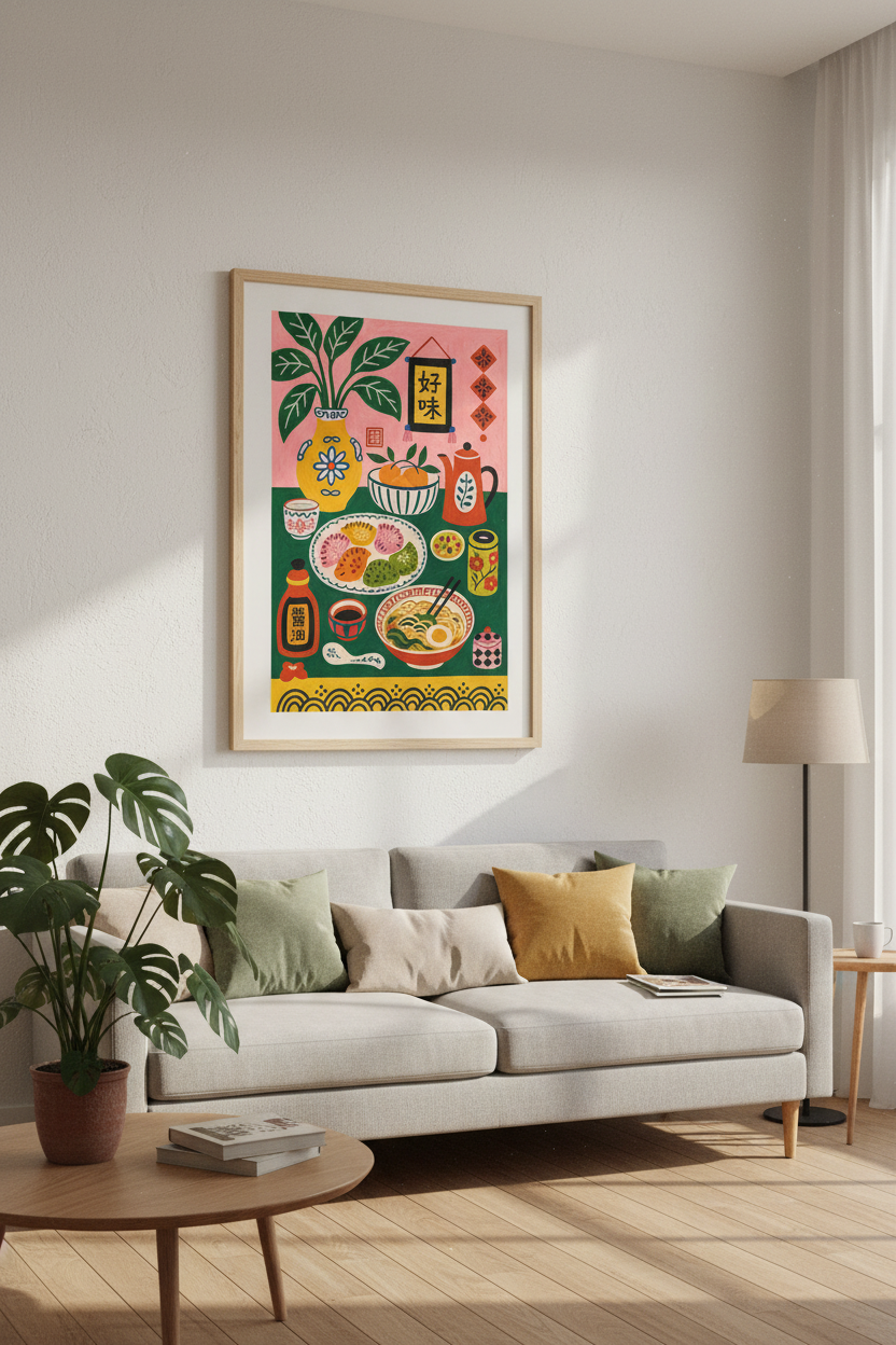 Chinese Food Still Life Wall Art | Pink Folk Art Ramen Poster, Kitchen Decor