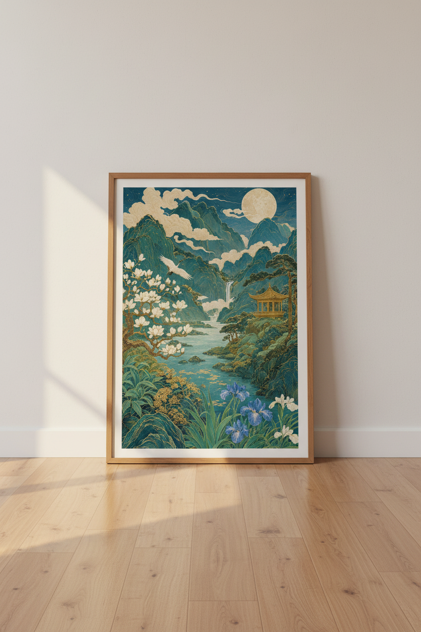 Japanese Landscape Wall Art | Teal &amp; Gold Nature Crane Print | Zen Room Decor