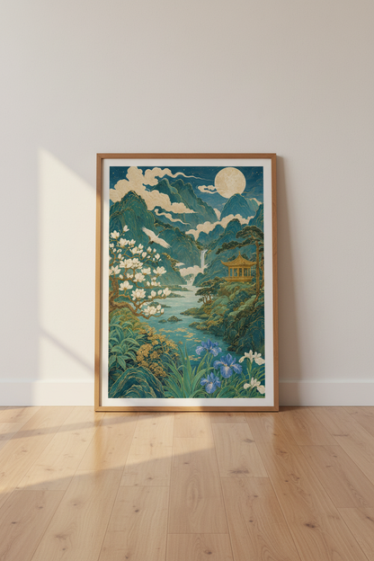 Japanese Landscape Wall Art | Teal &amp; Gold Nature Crane Print | Zen Room Decor