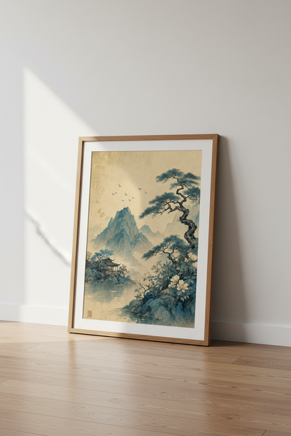 Japanese Landscape Wall Art | Blue Mountain Zen Poster, Asian Nature Decor