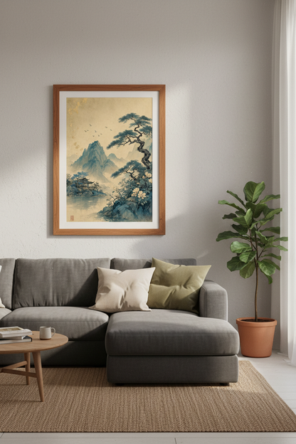 Japanese Landscape Wall Art | Blue Mountain Zen Poster, Asian Nature Decor