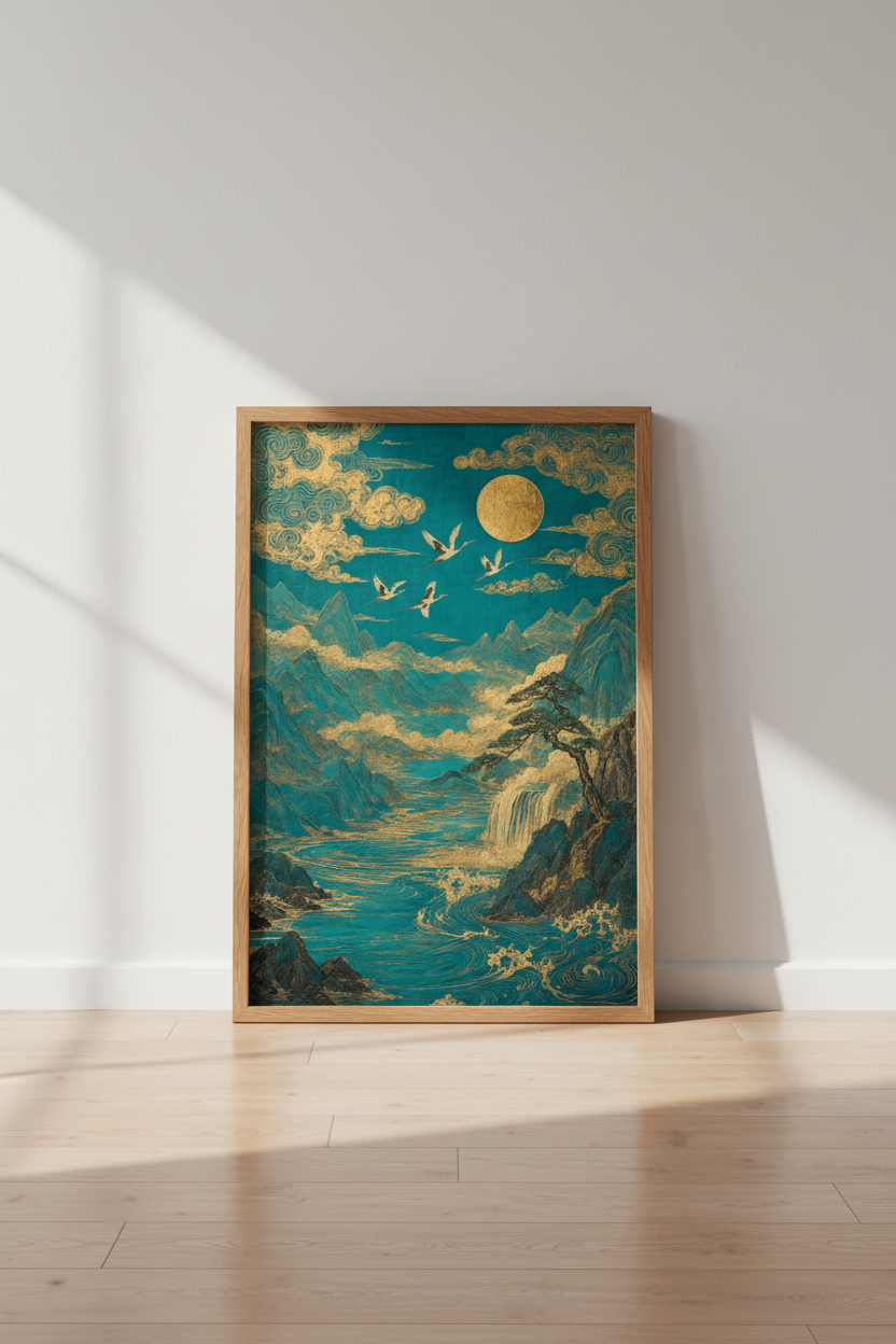 Japanese Crane Moon Wall Art | Teal &amp; Gold Mountain Landscape | Zen Room Decor