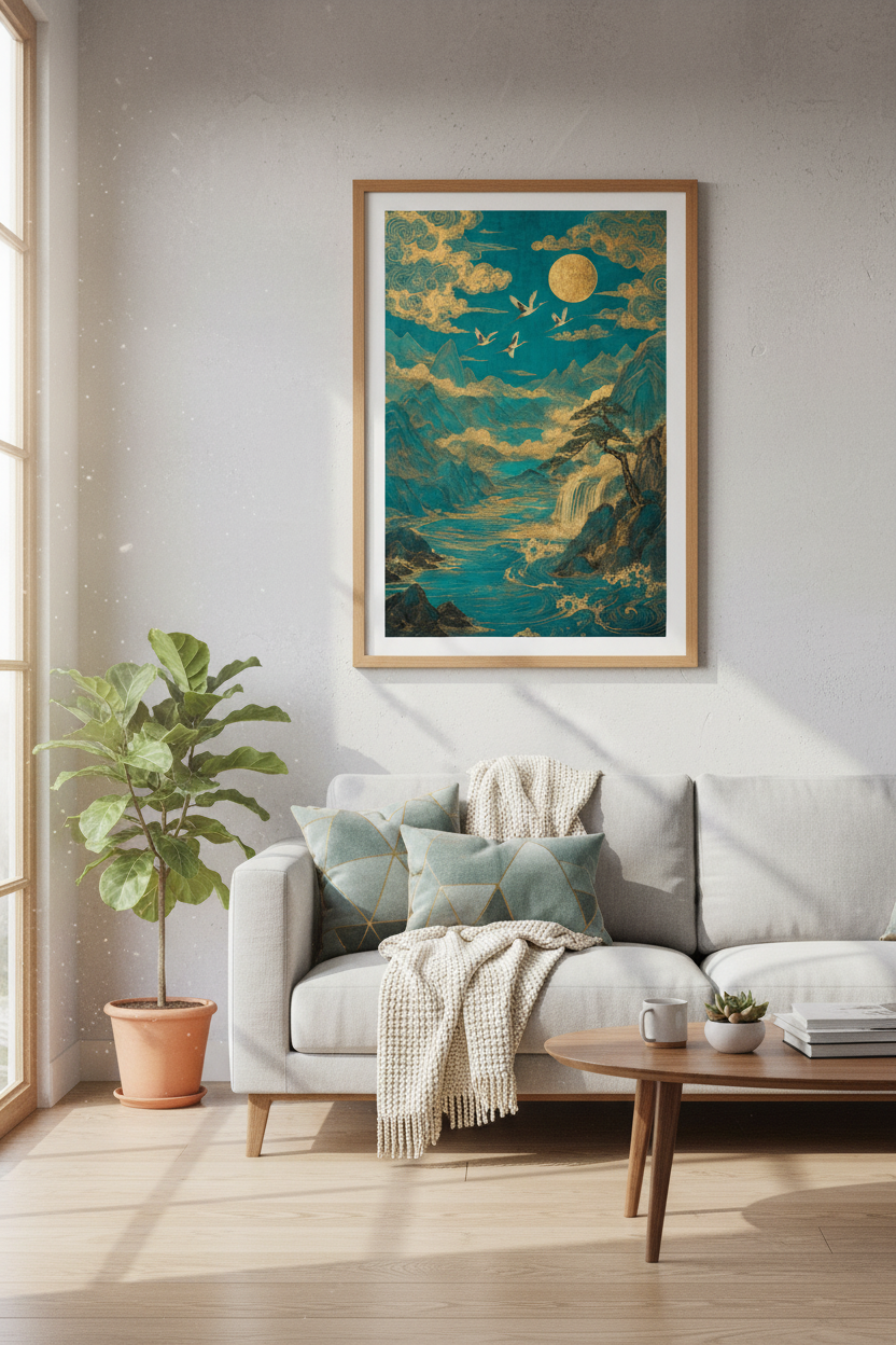 Japanese Crane Moon Wall Art | Teal &amp; Gold Mountain Landscape | Zen Room Decor