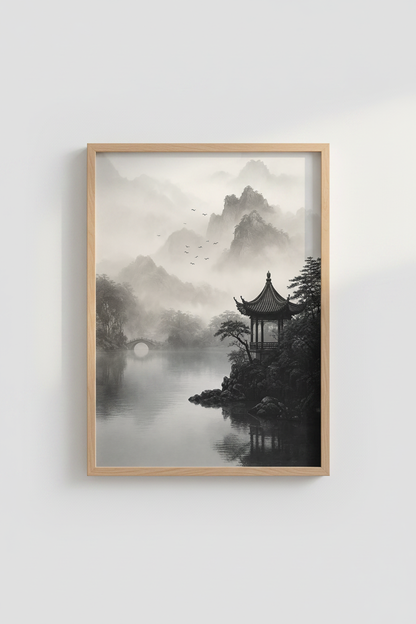 Zen Ink Wash Print | Misty Mountain Pagoda, Japanese Style Minimalist Wall Art