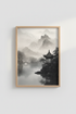 Zen Ink Wash Print | Misty Mountain Pagoda, Japanese Style Minimalist Wall Art