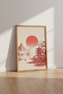 Japanese Pagoda Wall Art | Red Sun Landscape Print, Zen Living Room Decor