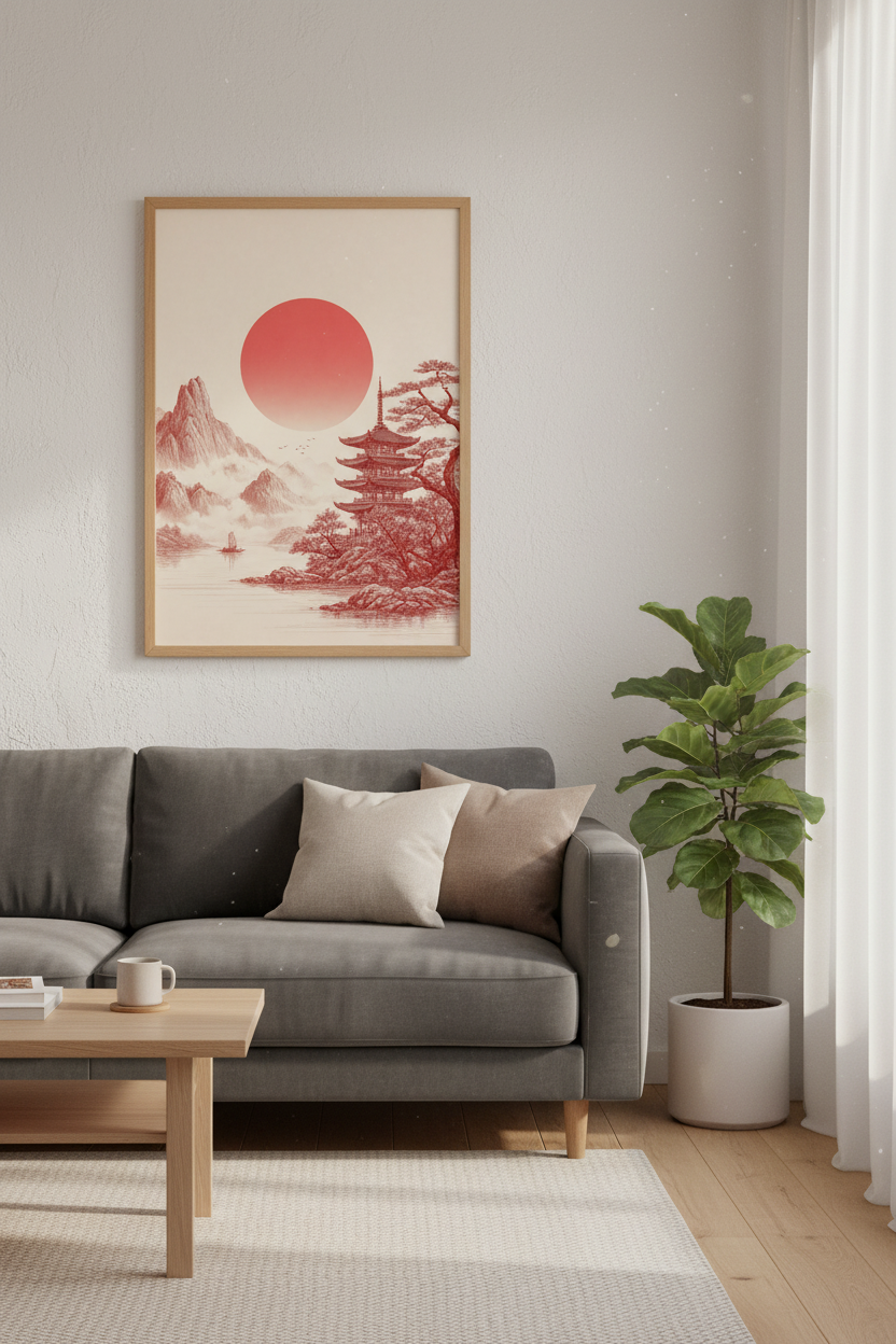 Japanese Pagoda Wall Art | Red Sun Landscape Print, Zen Living Room Decor