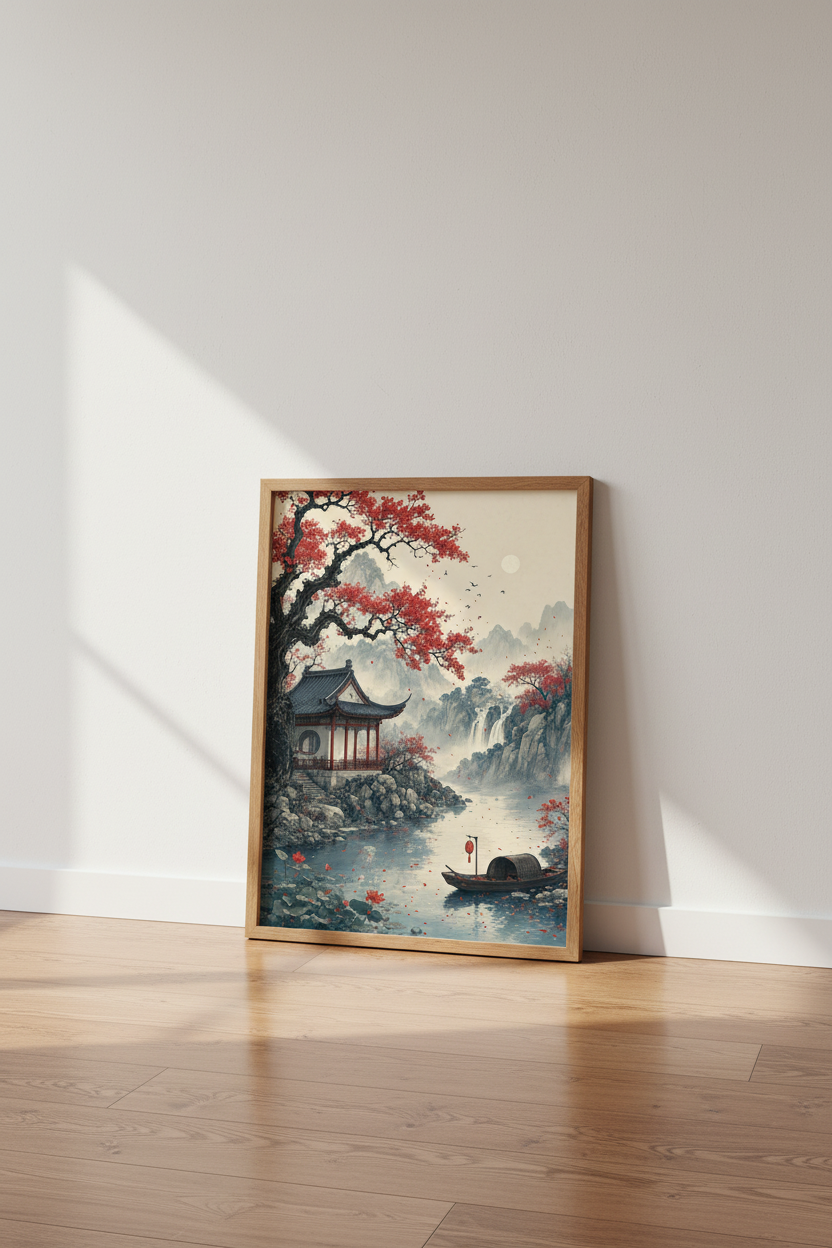 Japanese Landscape Wall Art | Red Cherry Blossom Pagoda Print, Zen Nature Poster
