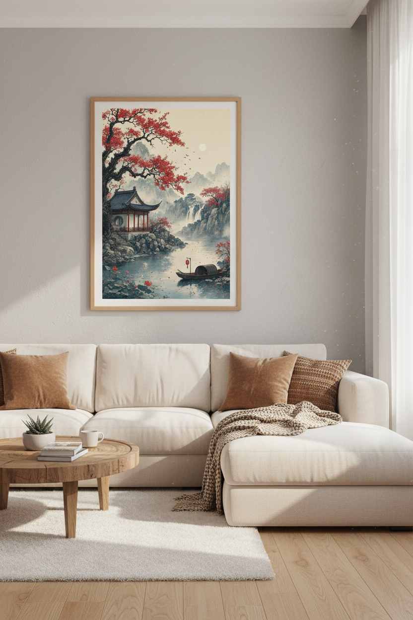 Japanese Landscape Wall Art | Red Cherry Blossom Pagoda Print, Zen Nature Poster
