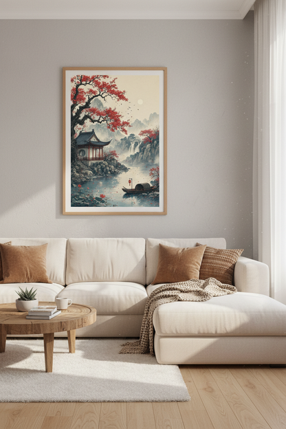 Japanese Landscape Wall Art | Red Cherry Blossom Pagoda Print, Zen Nature Poster