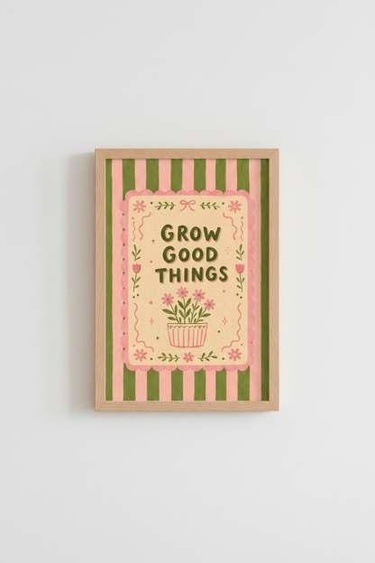 Preppy Flower Wall Art Print | Pink Green Striped Dorm Decor | Grow Good Things Poster