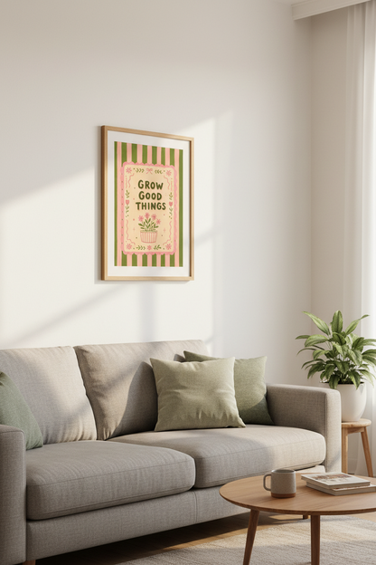 Preppy Flower Wall Art Print | Pink Green Striped Dorm Decor | Grow Good Things Poster