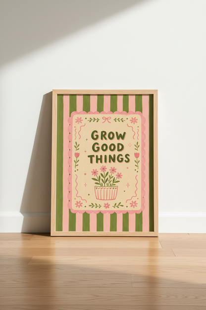 Preppy Flower Wall Art Print | Pink Green Striped Dorm Decor | Grow Good Things Poster