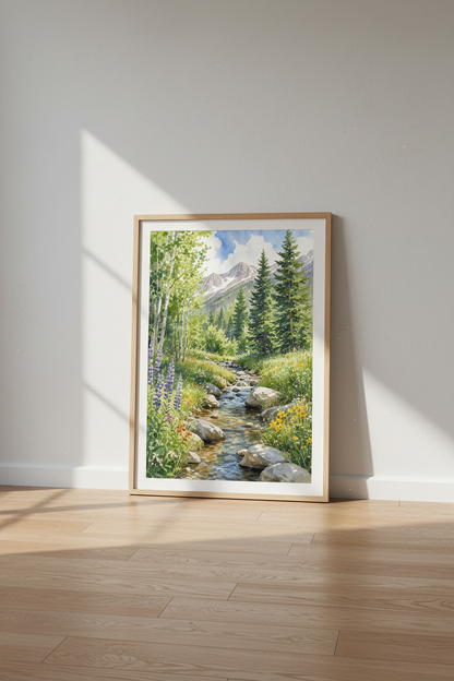 Mountain Stream Watercolor Art | Nature Landscape Print, Living Room Decor