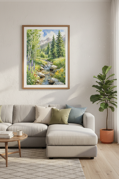 Mountain Stream Watercolor Art | Nature Landscape Print, Living Room Decor