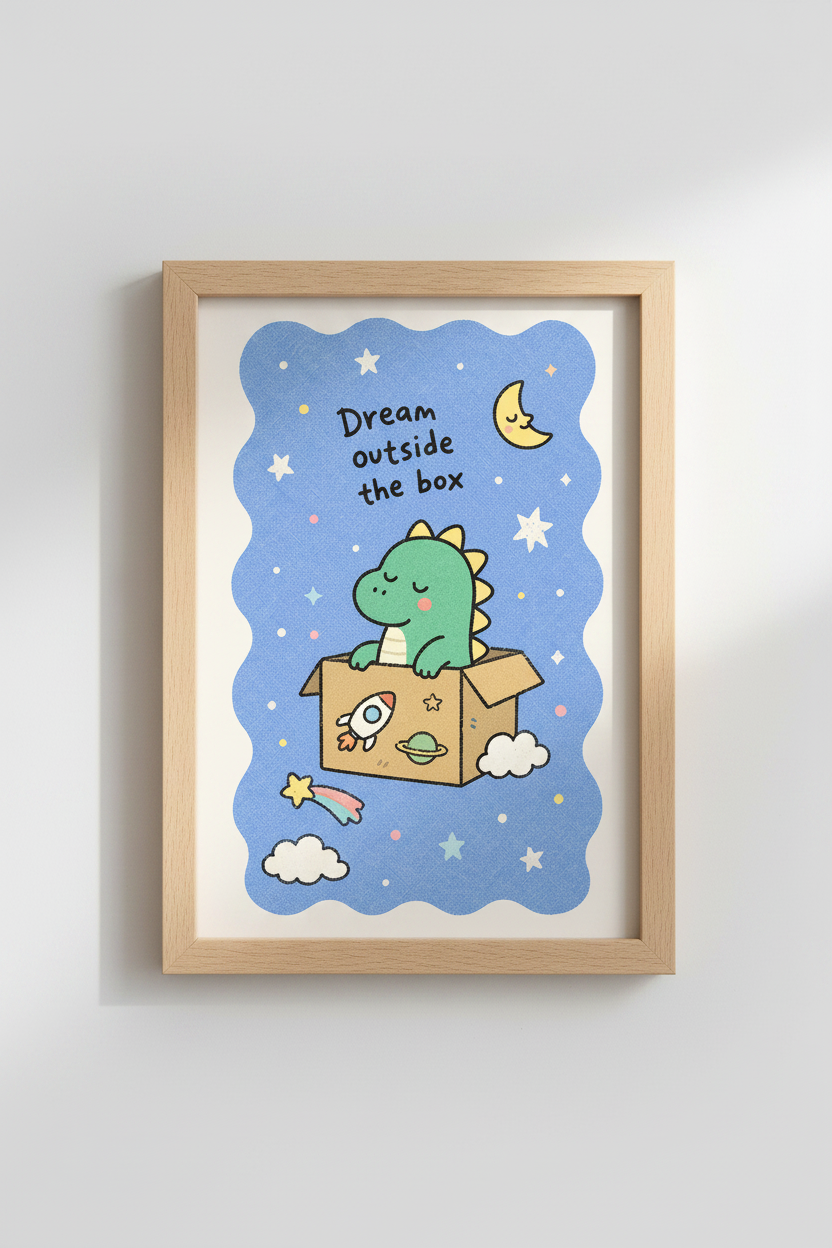 Dinosaur wall art | Whimsical green dino in box decor for kids room