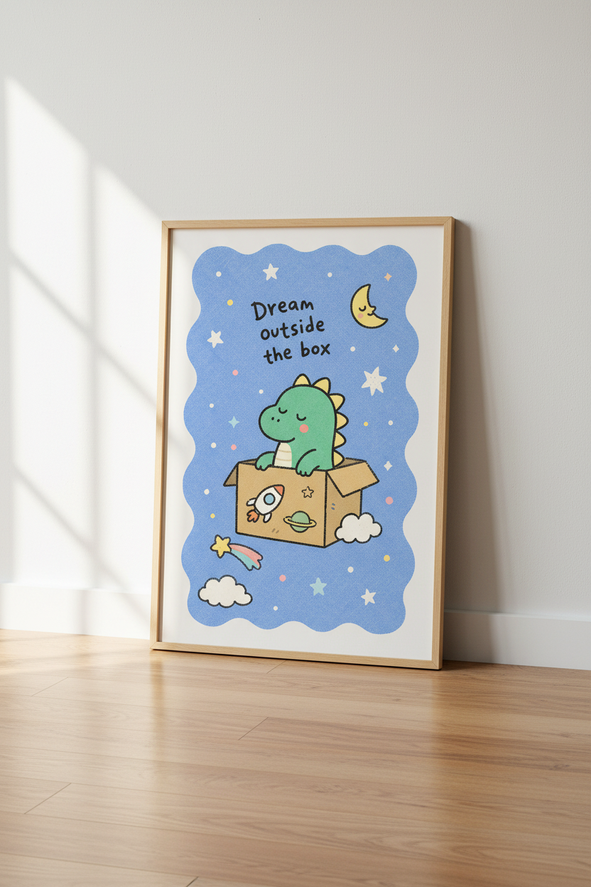 Dinosaur wall art | Whimsical green dino in box decor for kids room
