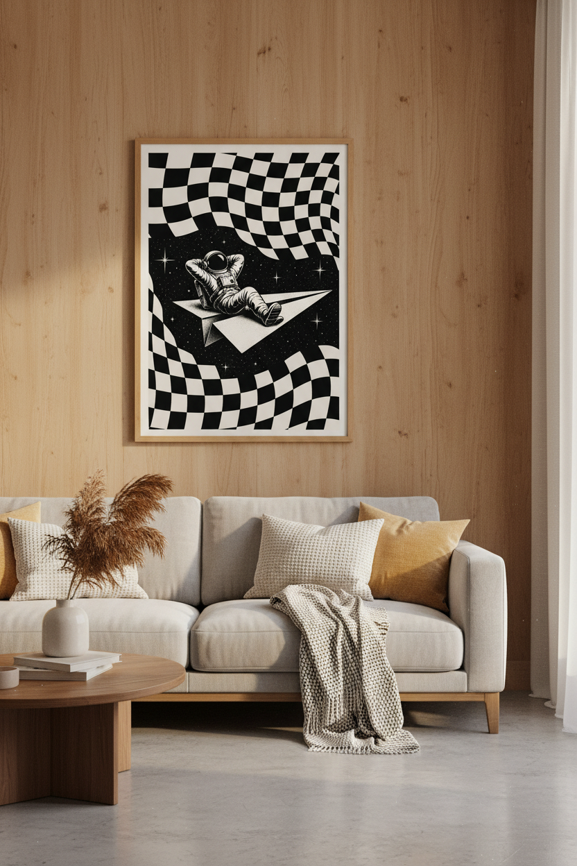 Astronaut on Paper Plane Art | Trippy Black &amp; White, Indie Dorm Decor