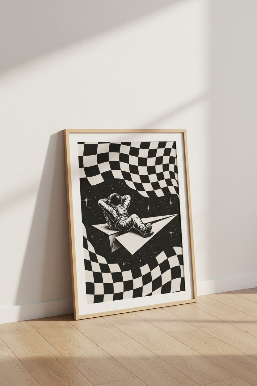 Astronaut on Paper Plane Art | Trippy Black &amp; White, Indie Dorm Decor